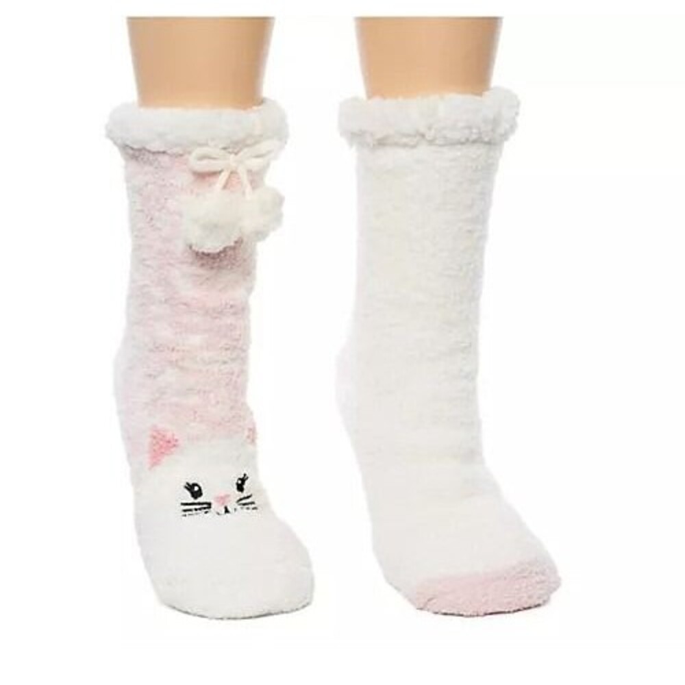 NWT CUDDL DUDS Sherpa Lined Critter Socks Size 4-10 2 Pk - Cat